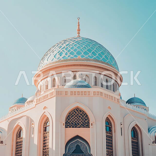 قبب ومآذن أحد المساجد في المملكة العربية السعودية في النهار، مفهوم العبادة والتقرب إلى الله، أماكن اسلامية مقدسة، نداء المسلمين لأداء الصلوات والفرائض الدينية، الفن الهندسي المعماري على الطراز الإسلامي الحديث
