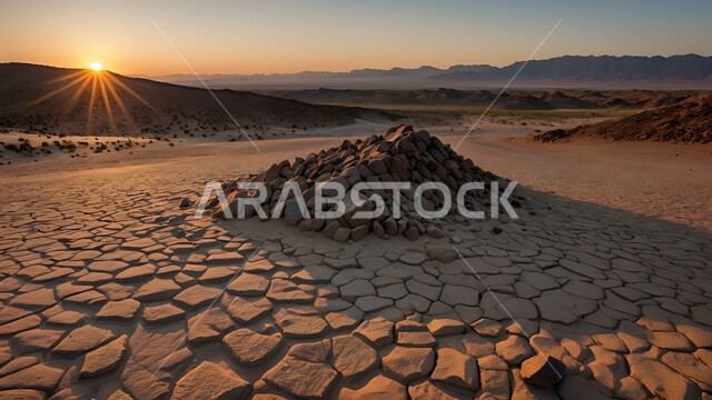 مفهوم الإحتباس الحراري، البيئة الصحراوية القاحلة وقت غروب الشمس، صورة مقربة لأرض طينية متشققة في موسم الجفاف، نتائج الكوارث الطبيعية والهزات الأرضية، المناطق الصحراوية الجافة, تغير المناخ والعوامل الطبيعية, خلفية الطبيعة