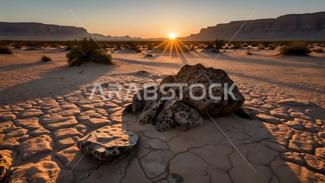 مفهوم الإحتباس الحراري، البيئة الصحراوية القاحلة وقت غروب الشمس، صورة مقربة لأرض طينية متشققة في موسم الجفاف، نتائج الكوارث الطبيعية والهزات الأرضية، المناطق الصحراوية الجافة, تغير المناخ والعوامل الطبيعية, خلفية الطبيعة