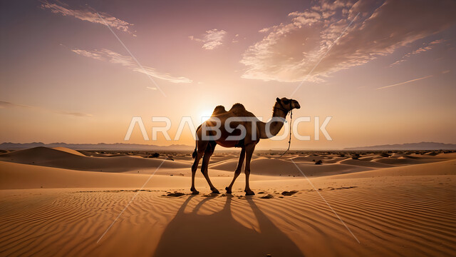  تربية الجمال والابل في المحميات الطبيعية، التلال و الكثبان الرملية و الرمال الذهبية الناعمة في المملكة العربية السعودية، الاهتمام ورعاية المواشي والثدييات في الصحاري، جمل عربي أصيل يسير وسط الصحراء وقت غروب الشمس