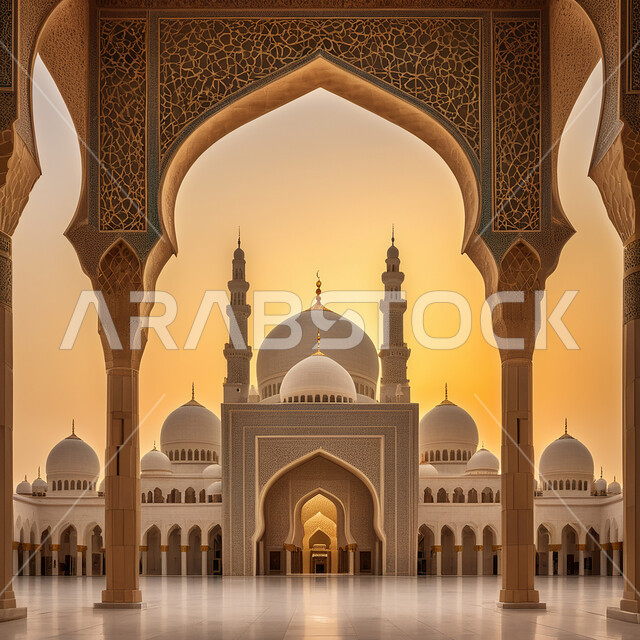  الفن الهندسي المعماري على الطراز الإسلامي العربي للمآذن والقبب، الديكور والتصاميم الداخلية الراقية لأعمدة واقواس المسجد، مفهوم العبادة والتقرب إلى الله، أماكن اسلامية مقدسة، نداء المسلمين لأداء الصلوات والفرائض الدينية