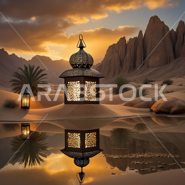 انعكاس لفانوس معدني مضيء مزخرف على بركة مائية وسط الرمال الناعمة في الصحراء، الفن الإسلامي للتحف والاكسسوارات، الزينة التقليدية العربية لاستقبال شهر رمضان المبارك، الأماكن والمناطق الطبيعية الصحراوية، الأنوار والديكورات في الأجواء الرمضانية الروحانية