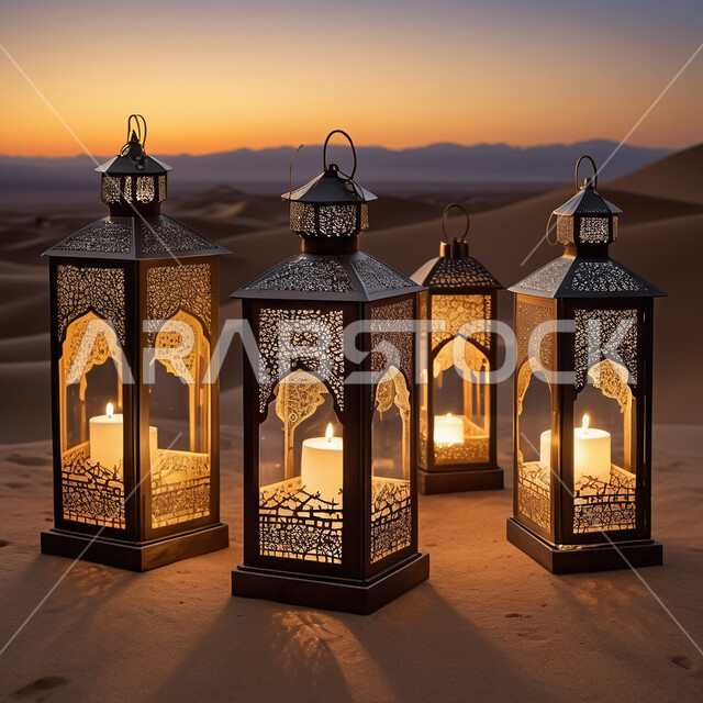 مجموعة فوانيس معدنية مضيئة مزخرفة وسط الرمال الناعمة في الصحراء، الفن الإسلامي للتحف والاكسسوارات، الزينة التقليدية العربية لاستقبال شهر رمضان المبارك، الأماكن والمناطق الطبيعية الصحراوية، الأنوار والديكورات في الأجواء الرمضانية الروحانية