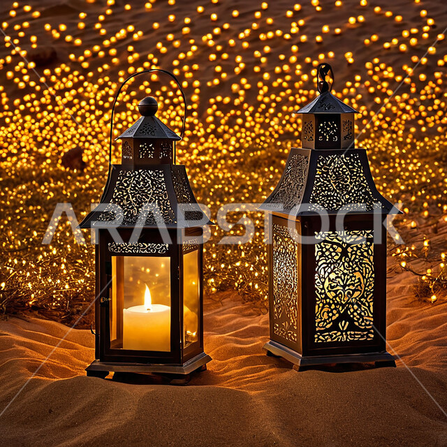 فانوسان معدنيان مضيئان مزخرفان وسط الرمال الناعمة في الصحراء، الفن الإسلامي للتحف والاكسسوارات، الزينة التقليدية العربية لاستقبال شهر رمضان المبارك، الأماكن والمناطق الطبيعية الصحراوية، الأنوار والديكورات في الأجواء الرمضانية الروحانية