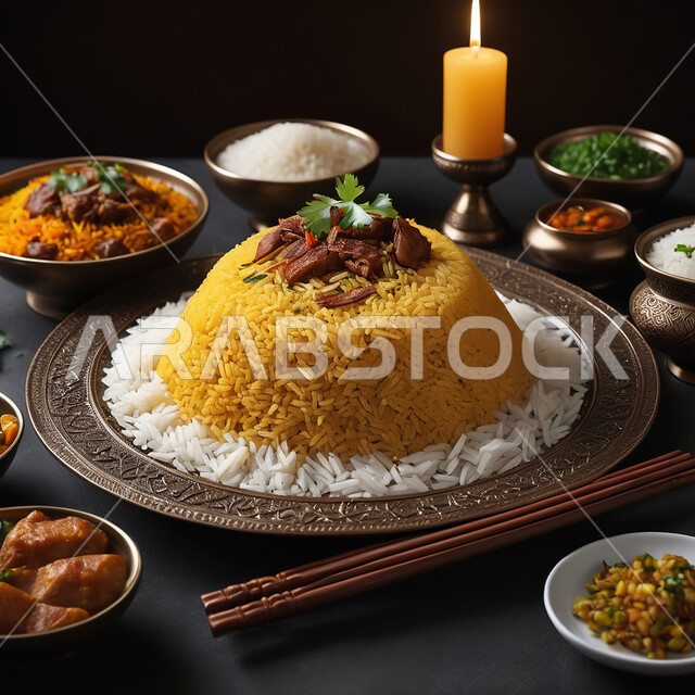 طبق من أرز المندي و قطع لحم الغنم، صحن من رز الكبسة بالتوابل، فنون تقديم الطعام, أطباق ووجبات عربية تقليدية شعبية، وصفات طعام المطبخ السعودي، مطاعم للمأكولات العربية الشرقية