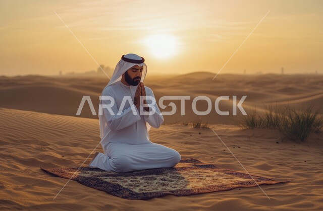 مفهوم العبادة و التقرب إلى الله تعالى, قضاء الفرائض و العبادات, شاب عربي خليجي سعودي يرتدي الثوب التقليدي و الغترة يقوم بأداء فريضة الصلاة في الصحراء بخشوع, الترجي و التضرع و الدعاء إلى الله, غروب الشمس فوق المناطق الصحراوية, خلفية الطبيعة