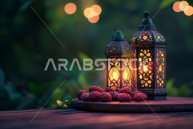 الأجواء الرمضانية الروحانية, الاحتفال بقدوم رمضان المبارك, زينة و ديكورات شهر الخير, مصابيح عربية تقليدية, فوانيس معدنية مزخرفة مضيئة مع حبات التمر, تحف و اكسسوارات إسلامية
