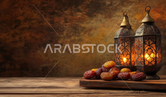 الأجواء الرمضانية الروحانية, الاحتفال بقدوم رمضان المبارك, زينة و ديكورات شهر الخير, مصابيح عربية تقليدية, فوانيس معدنية مزخرفة مضيئة مع حبات التمر, تحف و اكسسوارات إسلامية, محاصيل و منتجات محلية وطنية