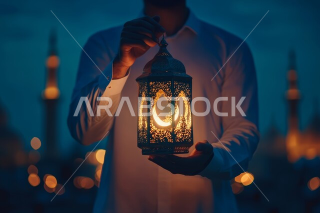 الاحتفال بقدوم رمضان المبارك, زينة و ديكورات شهر الخير, صورة مقربة لشاب عربي خليجي سعودي يرتدي الثوب التقليدي يحمل بيده فانوس معدني مزخرف مضيء, تحف و اكسسوارات إسلامية, الأجواء الرمضانية الروحانية
