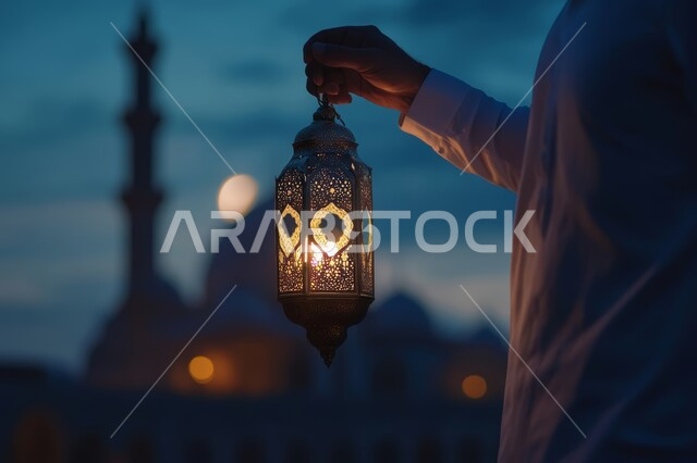 Celebrating the advent of the holy month of Ramadan, decorations and ornaments for the month of goodness, a close-up image of a young Saudi Arabian Gulf man wearing traditional clothing holding a decorated illuminated metal lantern, Islamic antiques and accessories, the spiritual atmosphere of Ramadan