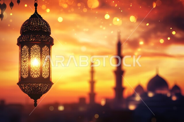 Ramadan decorations and ornaments, traditional Arabic lamps, hanging decorative illuminated metal lantern, spiritual Ramadan atmosphere, celebrating the arrival of the blessed Ramadan, architectural engineering art of domes and minarets in mosques in the Kingdom of Saudi Arabia