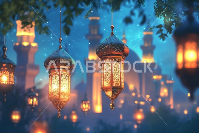 Ramadan decorations and ornaments, traditional Arabic lamps, hanging decorative illuminated metal lanterns, spiritual Ramadan atmosphere, celebrating the arrival of the blessed Ramadan, religious Islamic background