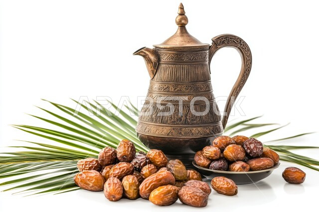 ضيافة رمضان والأعياد والمناسبات الإسلامية، تقديم المشروبات الساخنة مع الرطب، دلة قهوة عربية نحاسية مع طبق من التمر، الكرم و حسن و الإستقبال في المملكة العربية السعودية، خلفية بيضاء