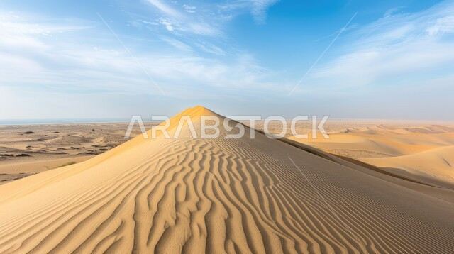 التكوينات والتشكلات الرملية في الصحاري، الجو القاسي والجاف في المناطق الصحراوية البرية، منظر الرمال الذهبية الناعمة في الصحراء، الكثبان والتضاريس الطبيعية في المملكة العربية السعودية، خلفية الطبيعة