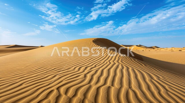 الجو القاسي والجاف في المناطق الصحراوية البرية، التكوينات والتشكلات الرملية في الصحاري، منظر الرمال الذهبية الناعمة في الصحراء، الكثبان والتضاريس الطبيعية في المملكة العربية السعودية، خلفية الطبيعة