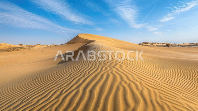 منظر الرمال الذهبية الناعمة في الصحراء، الجو القاسي والجاف في المناطق الصحراوية البرية، التكوينات والتشكلات الرملية في الصحاري، الكثبان والتضاريس الطبيعية في المملكة العربية السعودية، خلفية الطبيعة