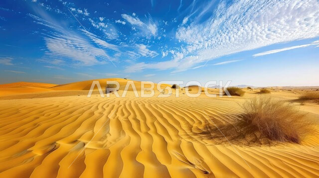 Harsh and dry weather in the desert wilderness, sand formations and formations in the deserts, view of soft golden sand in the desert, dunes and natural terrain in Saudi Arabia, nature background