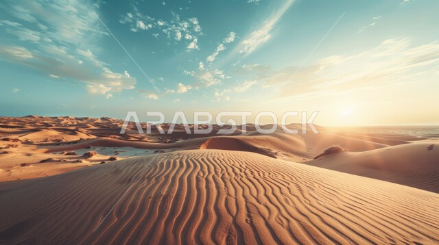 Sand formations and formations in deserts, harsh and dry weather in desert wilderness, view of soft golden sand in desert, dunes and natural terrain in Saudi Arabia, nature background