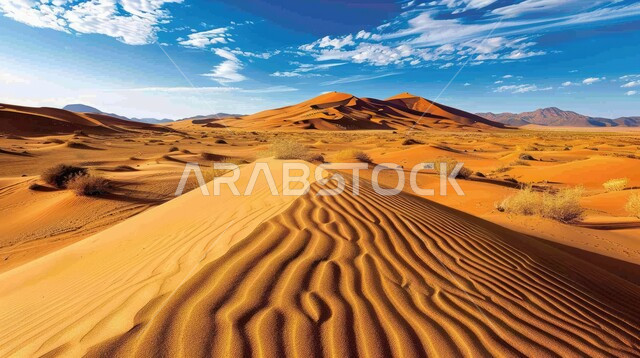 الكثبان والتضاريس الطبيعية في المملكة العربية السعودية، منظر الرمال الذهبية الناعمة في الصحراء، الجو القاسي والجاف في المناطق الصحراوية البرية، التكوينات والتشكلات الرملية في الصحاري، خلفية الطبيعة