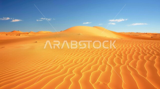 Sand formations and formations in deserts, harsh and dry weather in desert wilderness, view of soft golden sand in desert, dunes and natural terrain in Saudi Arabia, nature background
