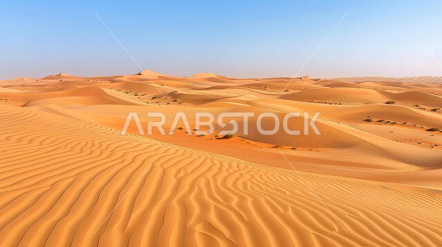 منظر الرمال الذهبية الناعمة في الصحراء، الجو القاسي والجاف في المناطق الصحراوية البرية، التكوينات والتشكلات الرملية في الصحاري، الكثبان والتضاريس الطبيعية في المملكة العربية السعودية، خلفية الطبيعة