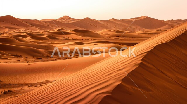الجو القاسي والجاف في المناطق الصحراوية البرية، التكوينات والتشكلات الرملية في الصحاري، منظر الرمال الذهبية الناعمة في الصحراء، الكثبان والتضاريس الطبيعية في المملكة العربية السعودية، خلفية الطبيعة