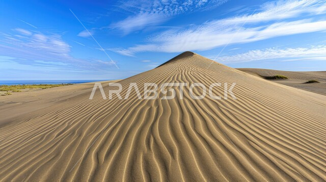 Sand formations and formations in deserts, harsh and dry weather in desert wilderness, view of soft golden sand in desert, dunes and natural terrain in Saudi Arabia, nature background