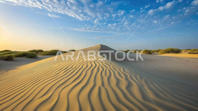 الكثبان والتضاريس الطبيعية في المملكة العربية السعودية، منظر الرمال الذهبية الناعمة في الصحراء، الجو القاسي والجاف في المناطق الصحراوية البرية، التكوينات والتشكلات الرملية في الصحاري، خلفية الطبيعة