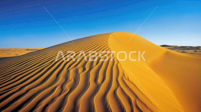 الجو القاسي والجاف في المناطق الصحراوية البرية، التكوينات والتشكلات الرملية في الصحاري، منظر الرمال الذهبية الناعمة في الصحراء، الكثبان والتضاريس الطبيعية في المملكة العربية السعودية، خلفية الطبيعة