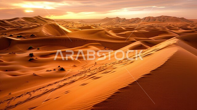 منظر الرمال الذهبية الناعمة في الصحراء، الجو القاسي والجاف في المناطق الصحراوية البرية، التكوينات والتشكلات الرملية في الصحاري، الكثبان والتضاريس الطبيعية في المملكة العربية السعودية، خلفية الطبيعة