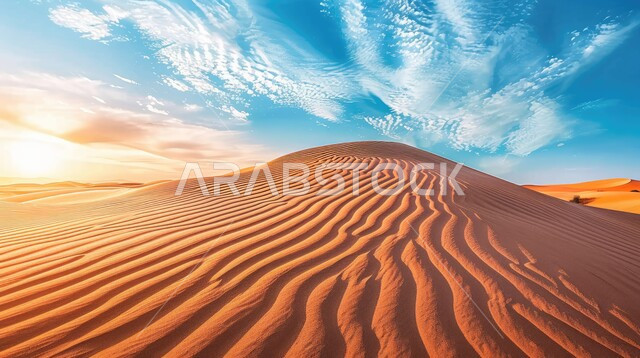 التكوينات والتشكلات الرملية في الصحاري، الجو القاسي والجاف في المناطق الصحراوية البرية، منظر الرمال الذهبية الناعمة في الصحراء، الكثبان والتضاريس الطبيعية في المملكة العربية السعودية، خلفية الطبيعة