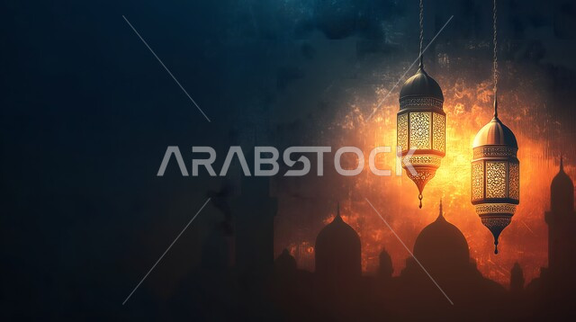 Hanging illuminated Ramadan lanterns, traditional Arabic lamp decorated, Ramadan antiques, accessories and decorations, spiritual religious atmosphere, celebrating the arrival of the holy month, mosque domes and minarets background