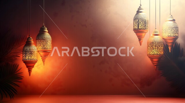 Antiques, accessories and decorations for the month of goodness, religious spiritual atmosphere, traditional Arabic lamp decorated, hanging illuminated Ramadan lanterns, celebrating the arrival of the blessed month of Ramadan