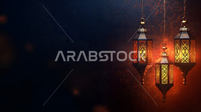Spiritual religious atmosphere, antiques, accessories and decorations of the month of goodness, traditional Arabic lamp decorated, hanging illuminated Ramadan lanterns, celebrating the arrival of the holy month of Ramadan