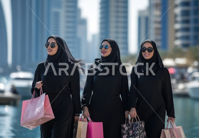 شراء الهدايا و المستلزمات الشخصية, الاستفادة من العروض و الحسومات, الاستمتاع بالتسوق مع الأصدقاء, نساء عربيات خليجيات إماراتيات محجبات يرتدين العباءة السوداء يحملن أكياس ورقية ملونة