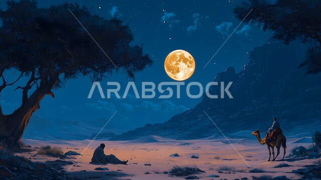 تربيه ورعايه المواشي في المملكة العربية السعودية، وسائل النقل والمواصلات القديمة، منظر القمر المكتمل في السماء، صورة ظلية لرجل عربي خليجي سعودي يمتطي الجمل فوق الرمال الذهبية الناعمه في الصحراء ليلا، خلفية الطبيعة، سالوييت