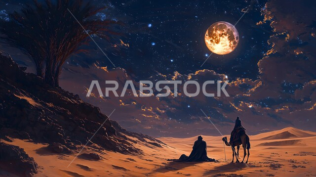 Old means of transportation, full moon view in the sky, livestock breeding in Saudi Arabia, silhouette of a Saudi Arabian Gulf man riding a camel over soft golden sand in the desert at night, nature background, silhouette