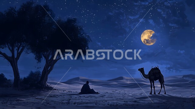 منظر القمر المكتمل في السماء، تربيه ورعايه المواشي في المملكة العربية السعودية، وسائل النقل والمواصلات القديمة، صورة ظلية لرجل عربي خليجي سعودي يجلس بجانب جمل فوق الرمال الذهبية الناعمه في الصحراء ليلا، خلفية الطبيعة، سالوييت