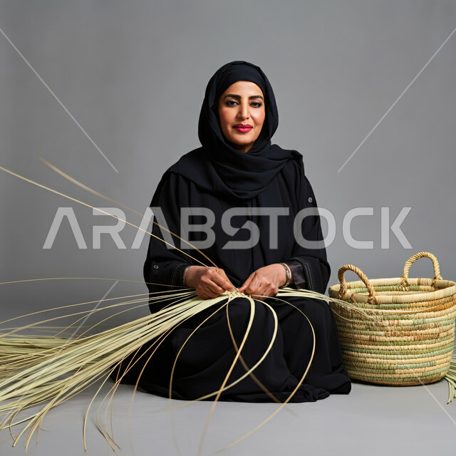حرف يدوية قديمة تاريخية، مهن نسائية شعبية تقليدية، استخدام أوراق النخيل المجففة في صناعة السلل، منتجات محلية وطنية، التراث والأصالة في السعودية، بورتريه لإمرأة عربية خليجية سعودية ترتدي الحجاب والعباءة تجلس على الأرض تقوم بجدل سعائف الخوص، خلفية رمادية