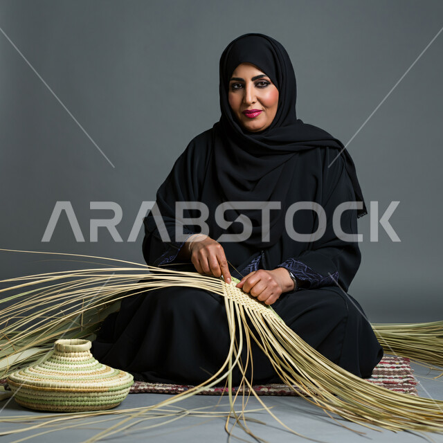 حرف يدوية قديمة تاريخية، مهن نسائية شعبية تقليدية، استخدام أوراق النخيل المجففة في صناعة السلل، منتجات محلية وطنية، التراث والأصالة في السعودية، بورتريه لإمرأة عربية خليجية سعودية ترتدي الحجاب والعباءة تجلس على الأرض تقوم بجدل سعائف الخوص، خلفية رمادية