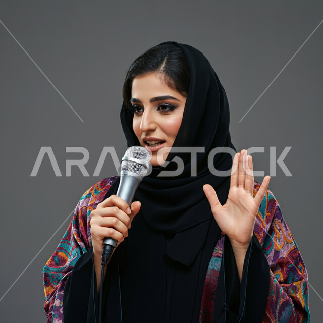 التدريب الصوتي وتقديم البرامج، مفهوم التواصل الفعال وإدارة الحوار، بورتريه مقرب لشابة عربية خليجية سعودية ترتدي الحجاب والعباءة تمسك بيدها مكبر الصوت تنظر إلى شيء ما تقوم بإلقاء الخطابات، إيماءات وتعابير الثقة بالنفس، خلفية رمادية