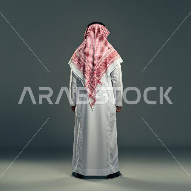 الاهتمام بالمظهر الخارجي، بورتريه من الخلف لرجل عربي خليجي سعودي يرتدي الشماغ والثوب التقليدي يقف باستقامة ينظر إلى شيء ما، مفهوم الأناقة والرجولة، صورة الجسم بالطول الكامل، خلفية رمادية
