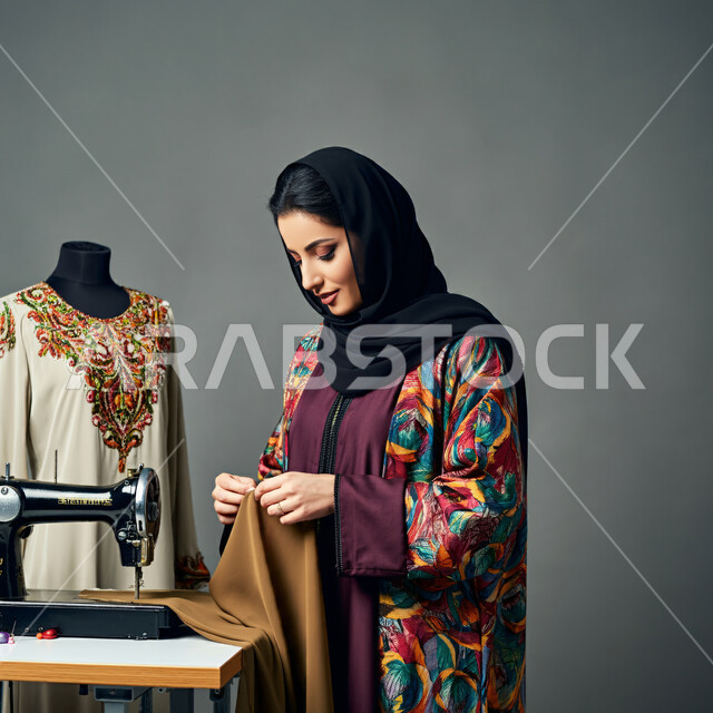 تفصيل الثياب باستخدام ماكينة الخياطة، فنون ومهارات تصميم الملابس النسائية، بورتريه لمصممة عربية خليجية سعودية ترتدي الحجاب والعباءة تمسك بيدها القماش، مفهوم عالم الأزياء والموضة، خلفية رمادية