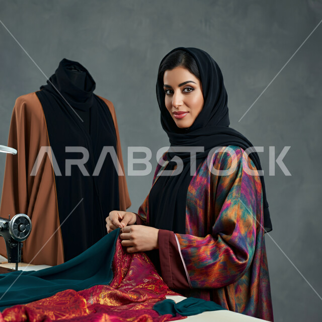 تفصيل الثياب باستخدام ماكينة الخياطة، فنون ومهارات تصميم الملابس النسائية، بورتريه مقرب لمصممة عربية خليجية سعودية ترتدي الحجاب والعباءة تمسك بيدها القماش تنظر إلى الكاميرا بإيماءات الثقة بالنفس، مفهوم عالم الأزياء والموضة، خلفية رمادية