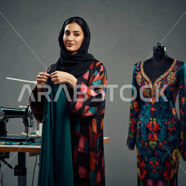 تفصيل الثياب باستخدام ماكينة الخياطة، فنون ومهارات تصميم الملابس النسائية، بورتريه لمصممة عربية خليجية سعودية ترتدي الحجاب والعباءة تمسك بيدها القماش تنظر إلى الكاميرا بإيماءات الثقة بالنفس، مفهوم عالم الأزياء والموضة، خلفية رمادية