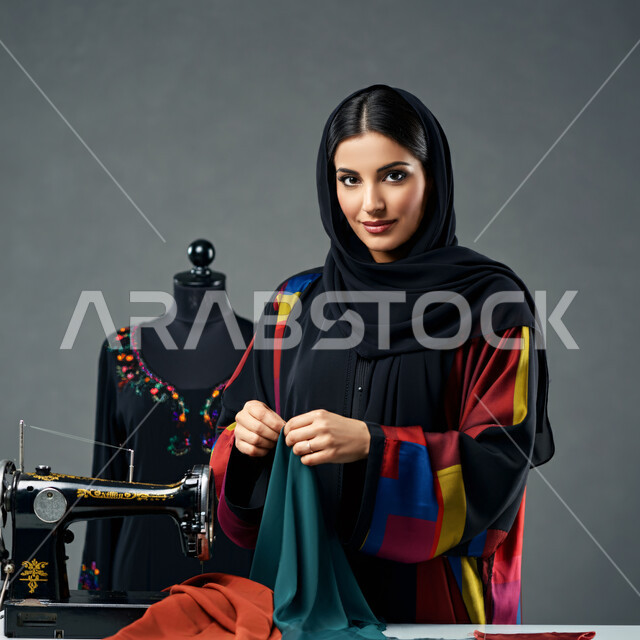 تفصيل الثياب باستخدام ماكينة الخياطة، فنون ومهارات تصميم الملابس النسائية، بورتريه مقرب لمصممة عربية خليجية سعودية ترتدي الحجاب والعباءة تمسك بيدها القماش تنظر إلى الكاميرا بإيماءات الثقة بالنفس، مفهوم عالم الأزياء والموضة، خلفية رمادية