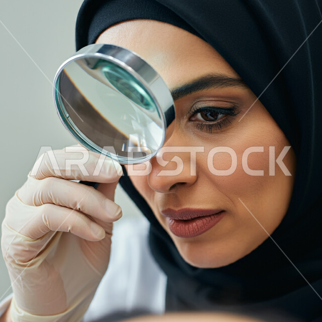 مفهوم الاستكشاف والفحص وتوضيح الصورة، بورتريه مقرب لشابة عربية خليجية سعودية ترتدي الحجاب والعباءة تنظر من خلال العدسة المكبرة إلى شيء ما بإيماءات الاهتمام والتركيز، التدقيق وتكبير الأشياء، أدوات بصرية للرؤية عن قرب، خلفية رمادية