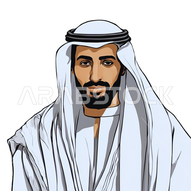 مفهوم الأناقة والوسامة، رسومات لرجل عربي خليجي سعودي يرتدي الثوب التقليدي والغترة ينظر للكاميرا بإيماءات الثقة بالنفس، الرجولة والاهتمام بالمظهر الخارجي، خلفية بيضاء