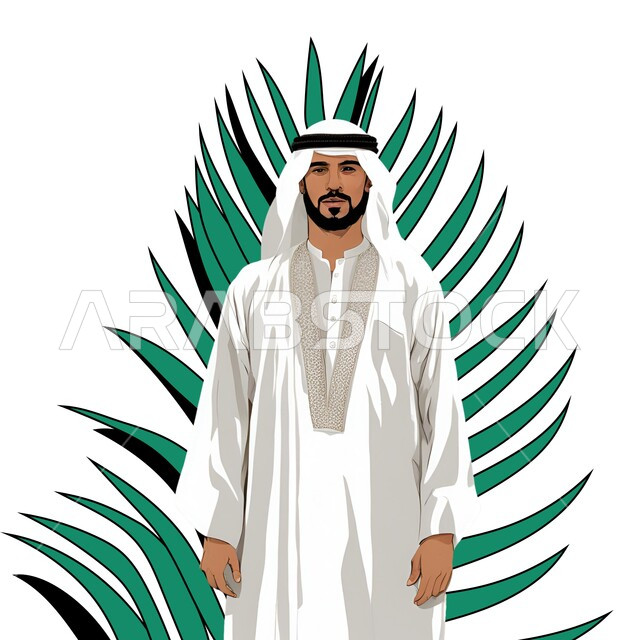 Self-confidence concept, drawing of a Saudi Arabian Gulf man wearing traditional thobe and ghutra standing proudly against a green palm frond background, masculinity and concern for one's appearance, white background