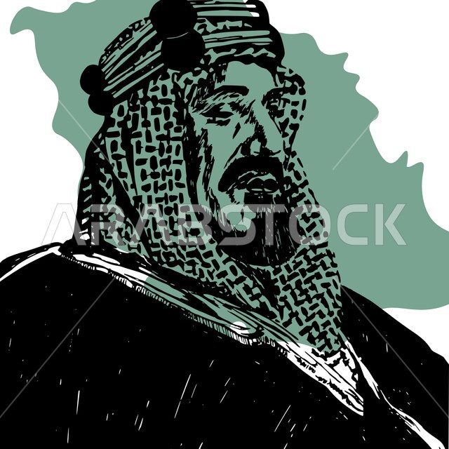 مؤسس المملكة العربية السعودية الحديثة، صورة مرسومة للملك عبد العزيز آل سعود يرتدي البشت والشماغ والعقال الذهبي العريض، مفهوم الحب والانتماء والفخر للوطن العربي السعودي، أول ملوك وحكام العائلة السعودية المالكة